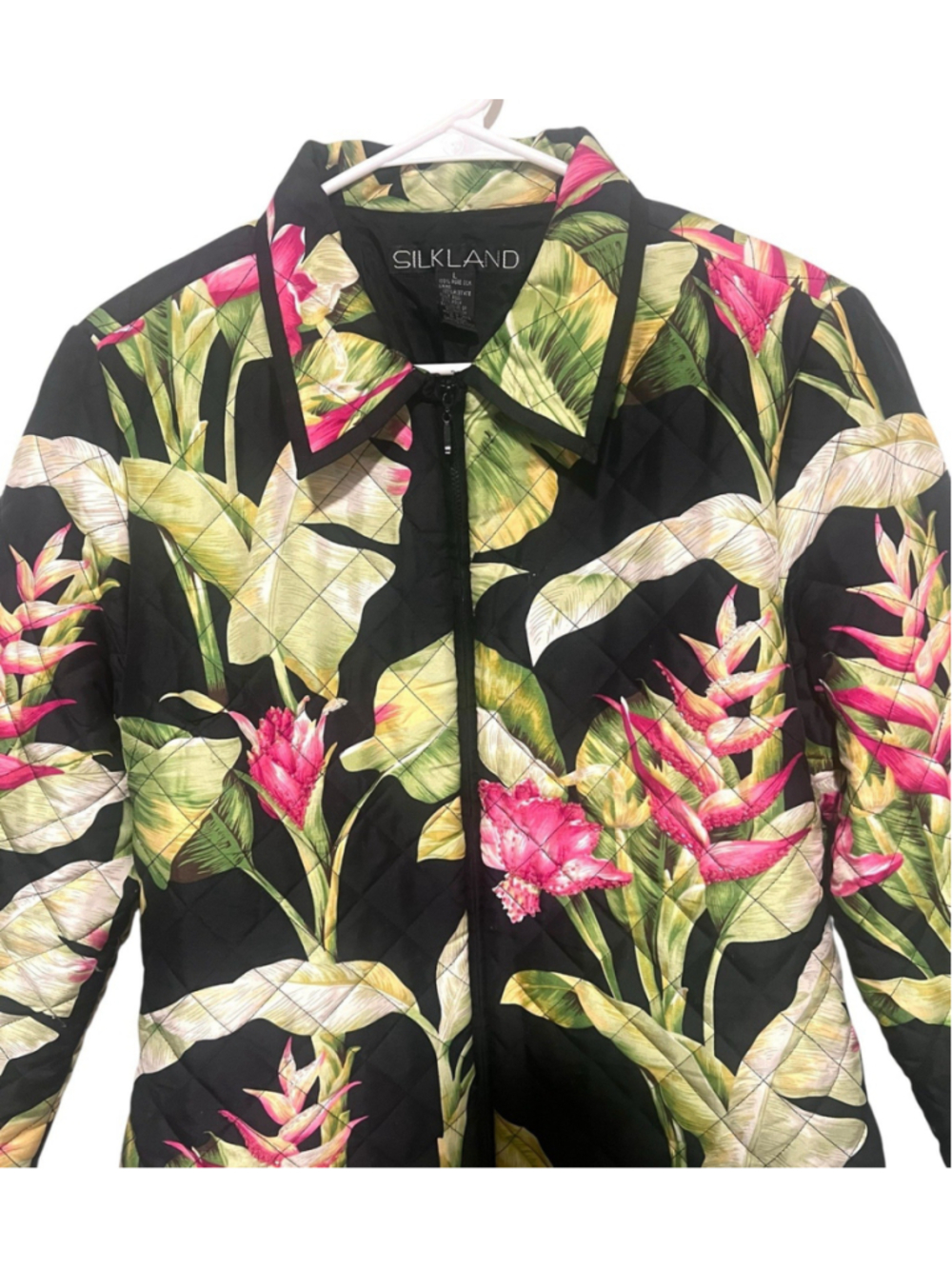 Silk Land 100% Silk Floral Jacket Women’s XL Black Pink Tropical Sequin Quilted